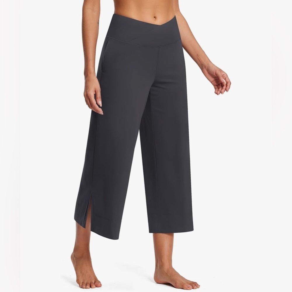 ISEEGZ Wide Leg Yoga Pants High Waisted Loose Cropped Pants With Pockets Sz M
